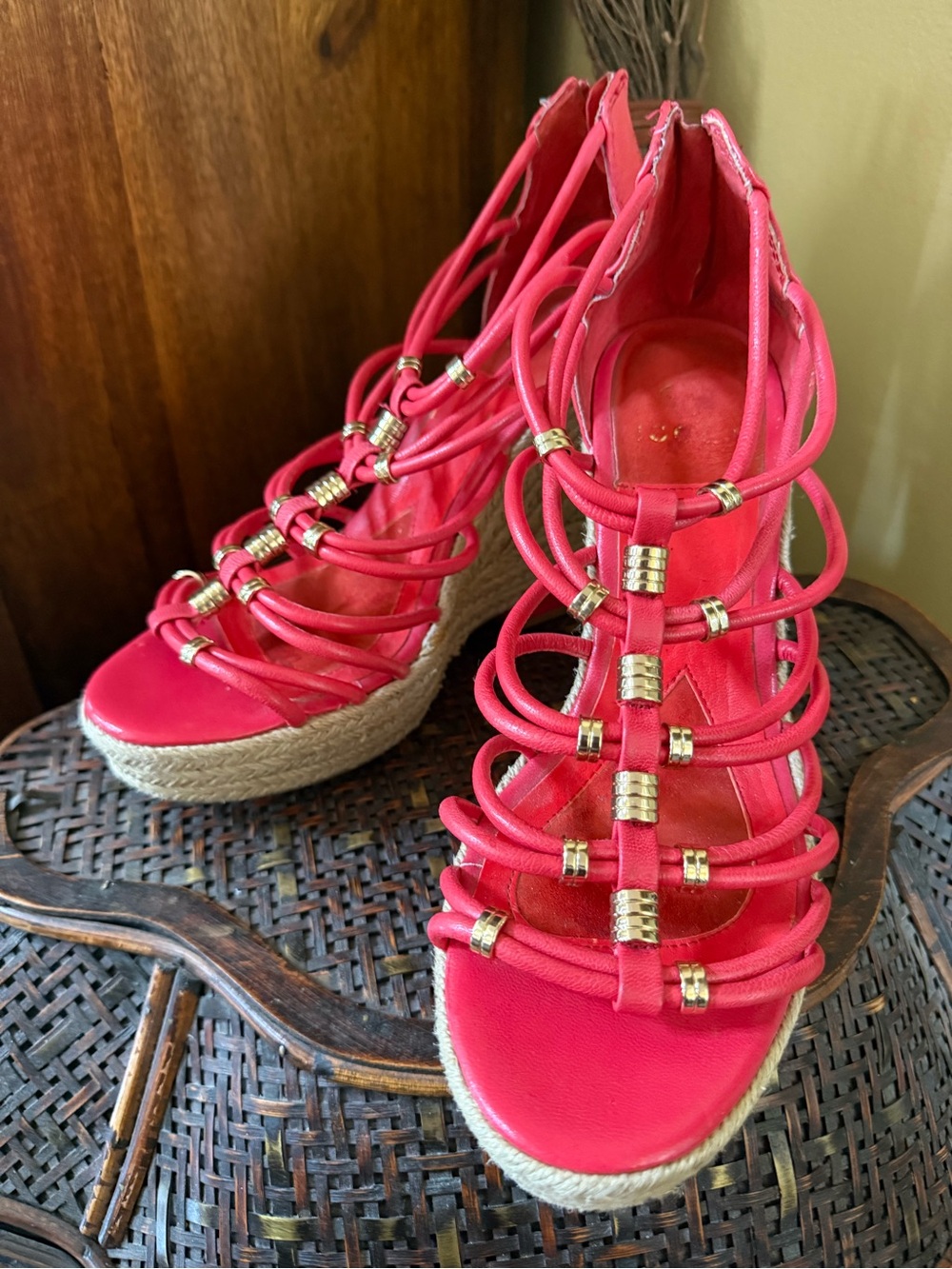 Isola Bright Pink Strappy Espadrille Wedge Sandals